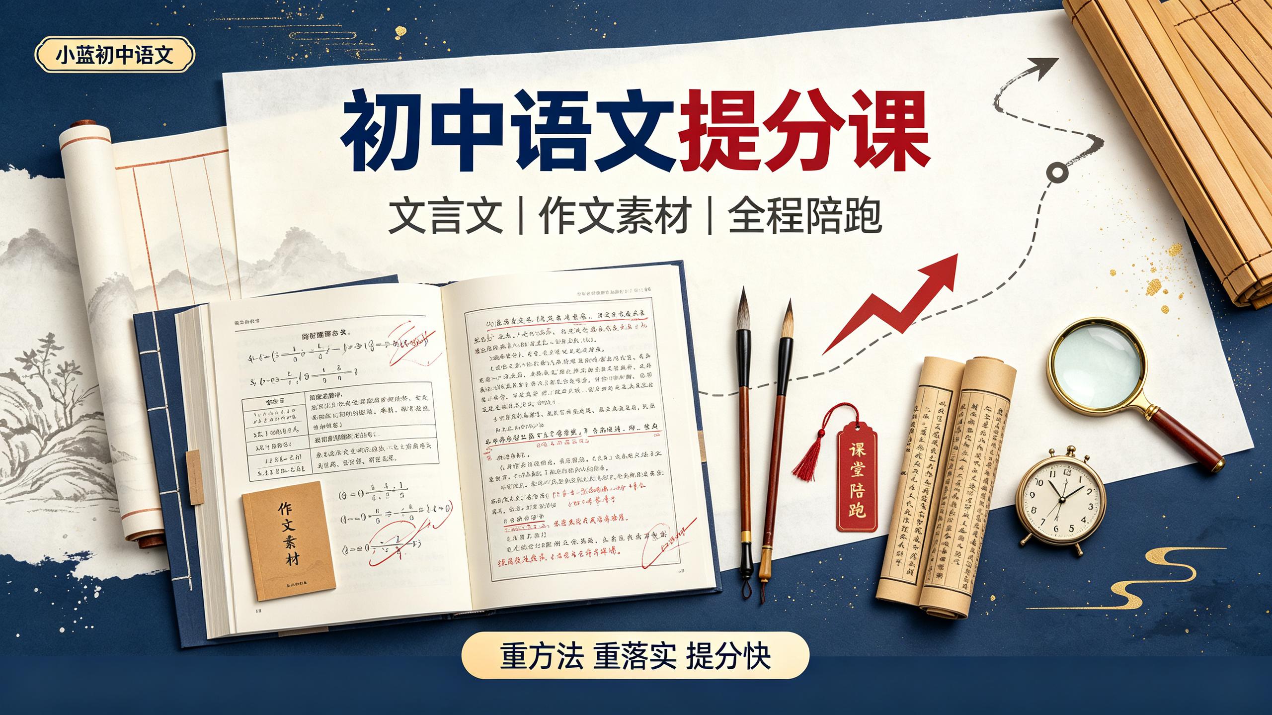 【小蓝初中语文】课程(主打“阅读公式 + 文言文精讲 + 作文素材模板 + 全程陪跑”，重方法、重落实、提分快)